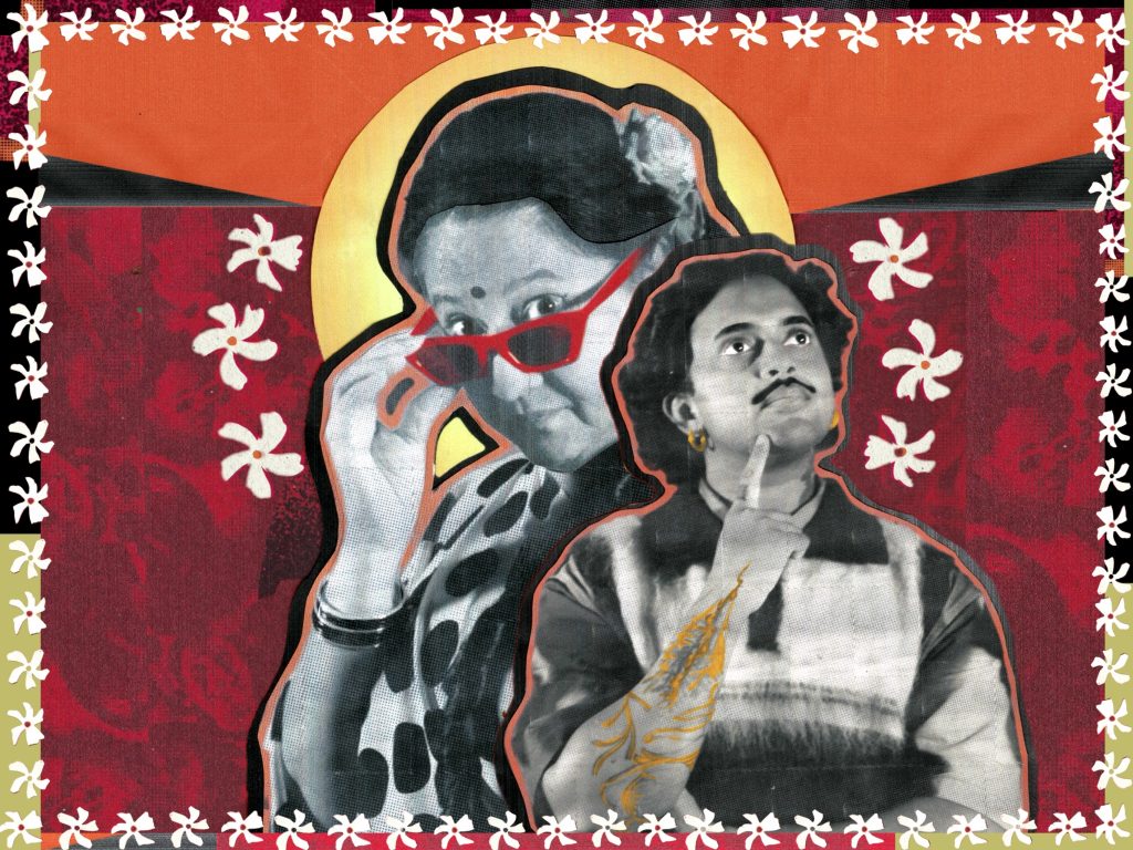 Collage artwork of two grayscale figures on a red patterned background. One looks over red glasses; the other looks upward thoughtfully. White floral shapes frame the image.