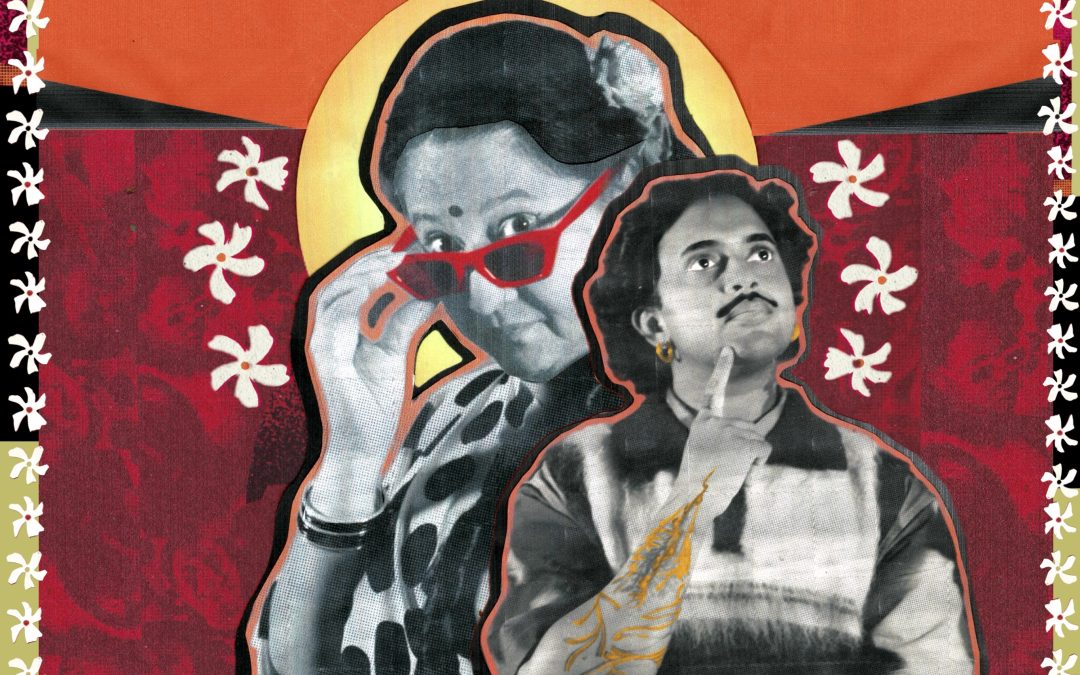 Collage artwork of two grayscale figures on a red patterned background. One looks over red glasses; the other looks upward thoughtfully. White floral shapes frame the image.