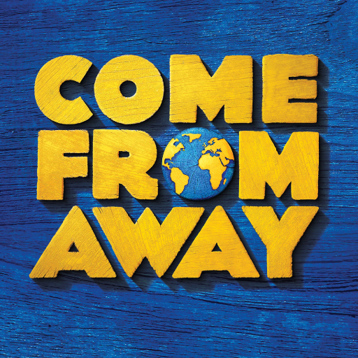 Bold yellow 3D text reading “COME FROM AWAY” on a textured blue wooden background, with a small globe replacing the “O” in “FROM.”