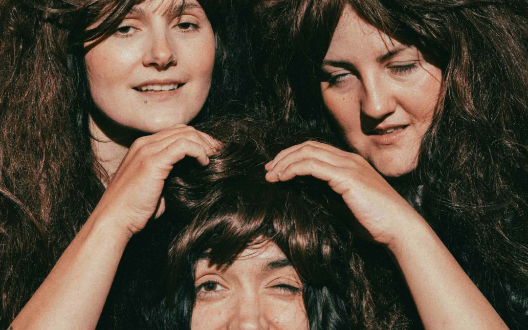 Three performers with long dark wigs pose closely together against patterned wallpaper, styled like the band The Shaggs.