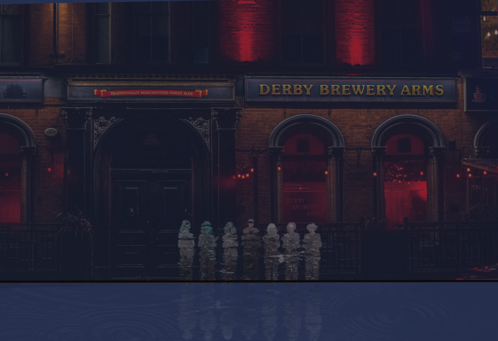 Dark, atmospheric image of the Derby Brewery Arms in Manchester at night, illuminated by deep red lighting. A row of ghostly, semi-transparent human figures stands outside the pub, appearing to dissolve into or emerge from rippling water below.